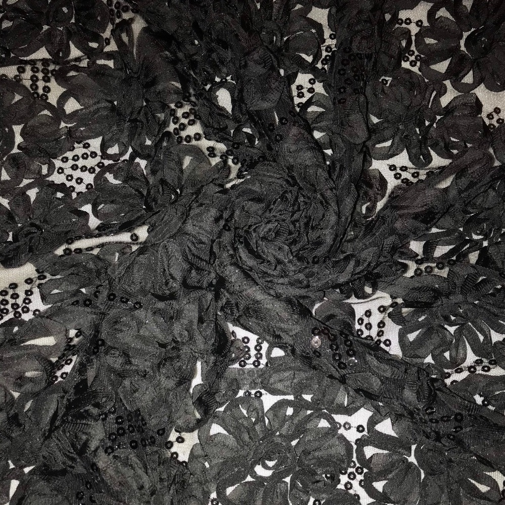 1 YD Black Floral Ribbon 2 Way Stretch Lace with Black Sequins Black Mesh Fabric - Picture 6 of 7
